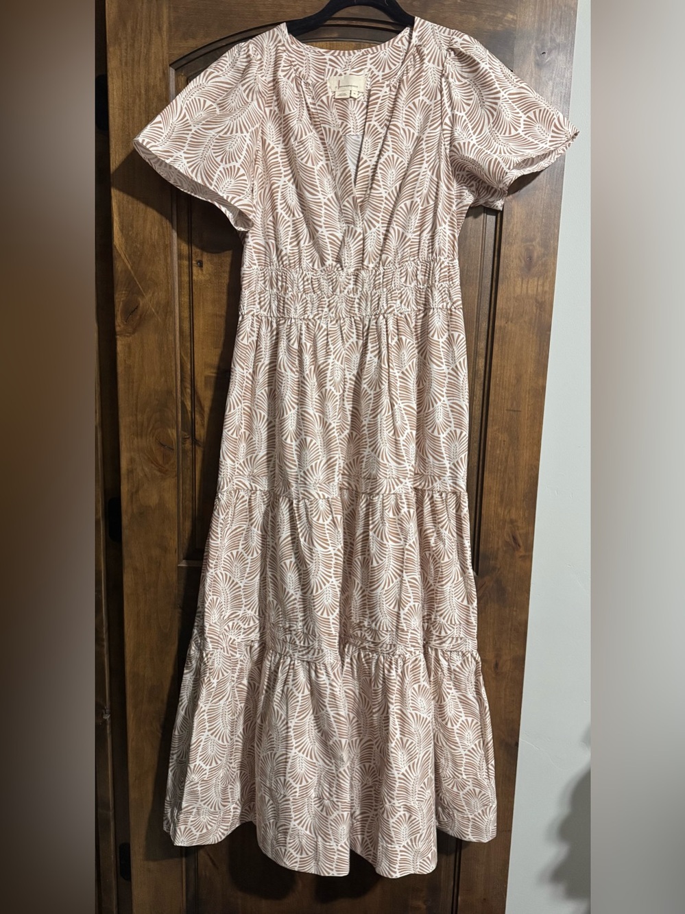Like New Anthropologie Cream and Tan Fan-Print Tiered Dress - Picture 4 of 4